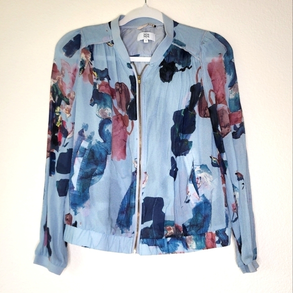 Noa Noa Floral Watercolor Sheer Bomber Jacket 34 - Picture 1 of 6